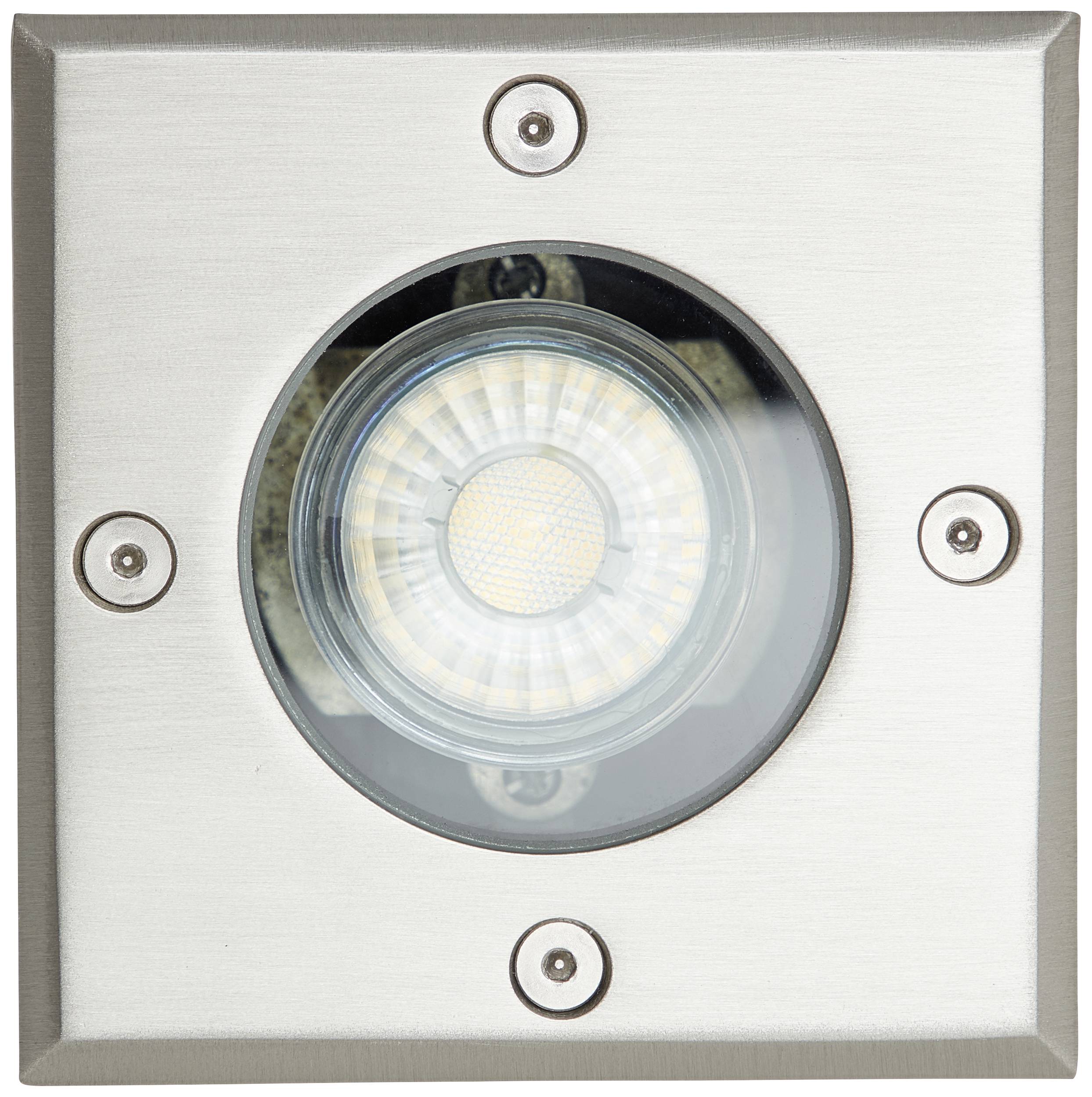 Ein runder LED-Punktstrahler in einem quadratischen Metallgehäuse mit vier Schrauben an den Ecken.
