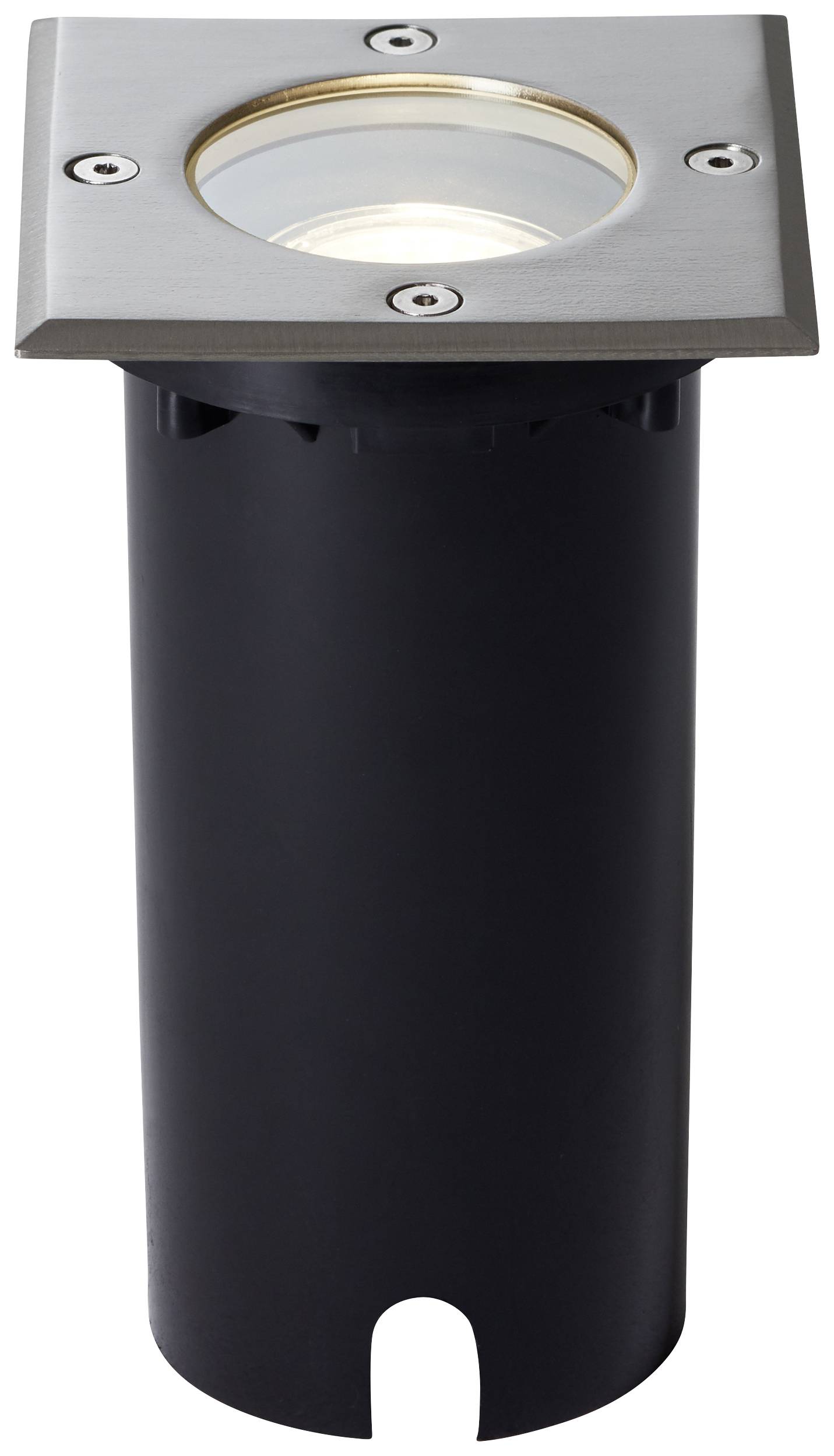 Eine runde Bodenleuchte mit schwarzem Gehäuse und quadratischem Edelstahlrahmen. Sie ist für den Einbau in den Boden konzipiert.