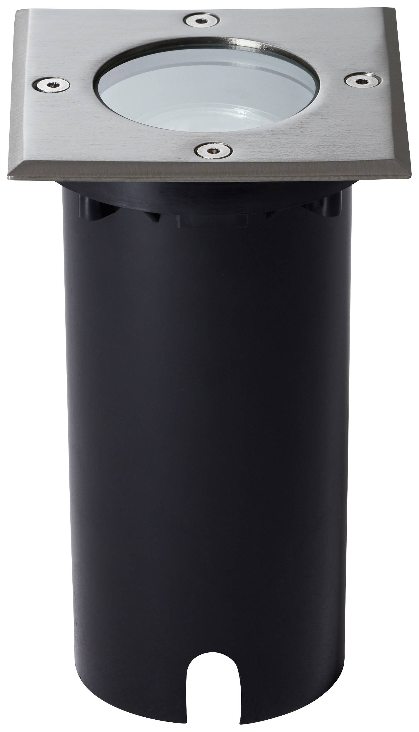 Eine runde Bodeneinbauleuchte aus Metall mit vier Schrauben am Rahmen, geeignet für Außenbeleuchtung, mit schwarzem Zylindergehäuse.