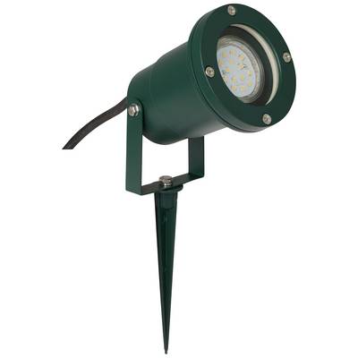 Grüner LED-Gartenstrahler mit Erdspieß und schwarzem Kabel, geeignet für Außenbeleuchtung.