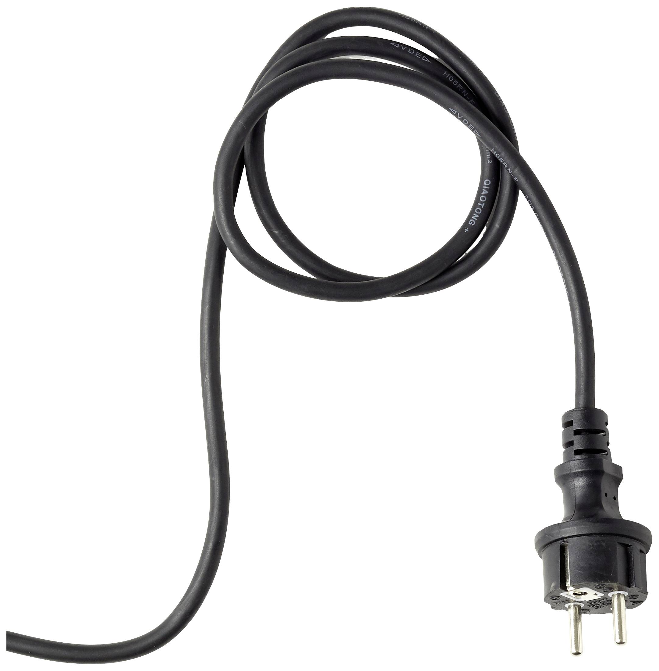 Ein schwarzes Stromkabel mit einem europäischen Stecker liegt auf einer weißen Fläche. Das Kabel ist leicht aufgewickelt.