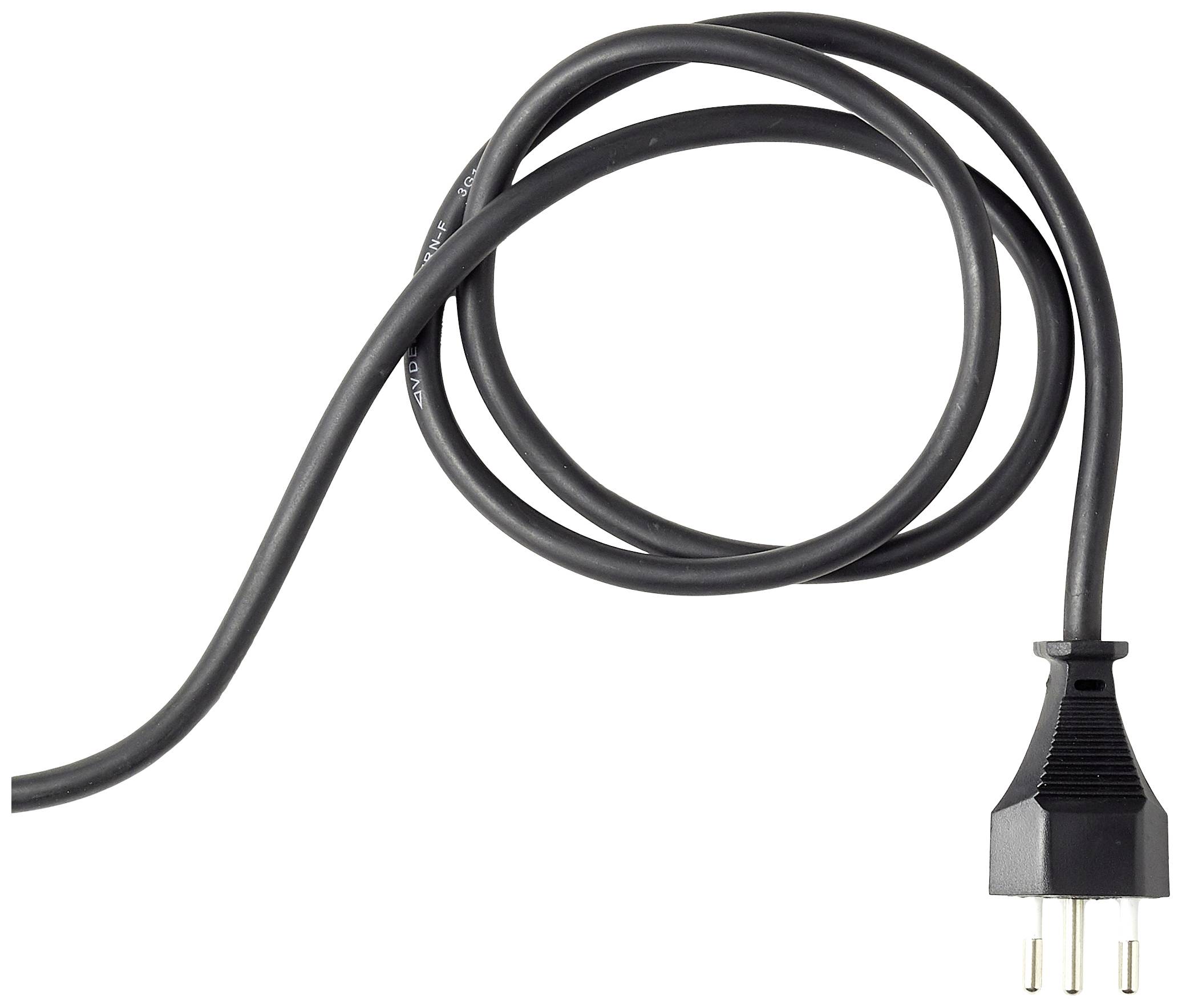 Ein schwarzes Netzkabel mit Schukostecker aus Kunststoff, locker zusammengerollt, auf einem weißen Hintergrund.