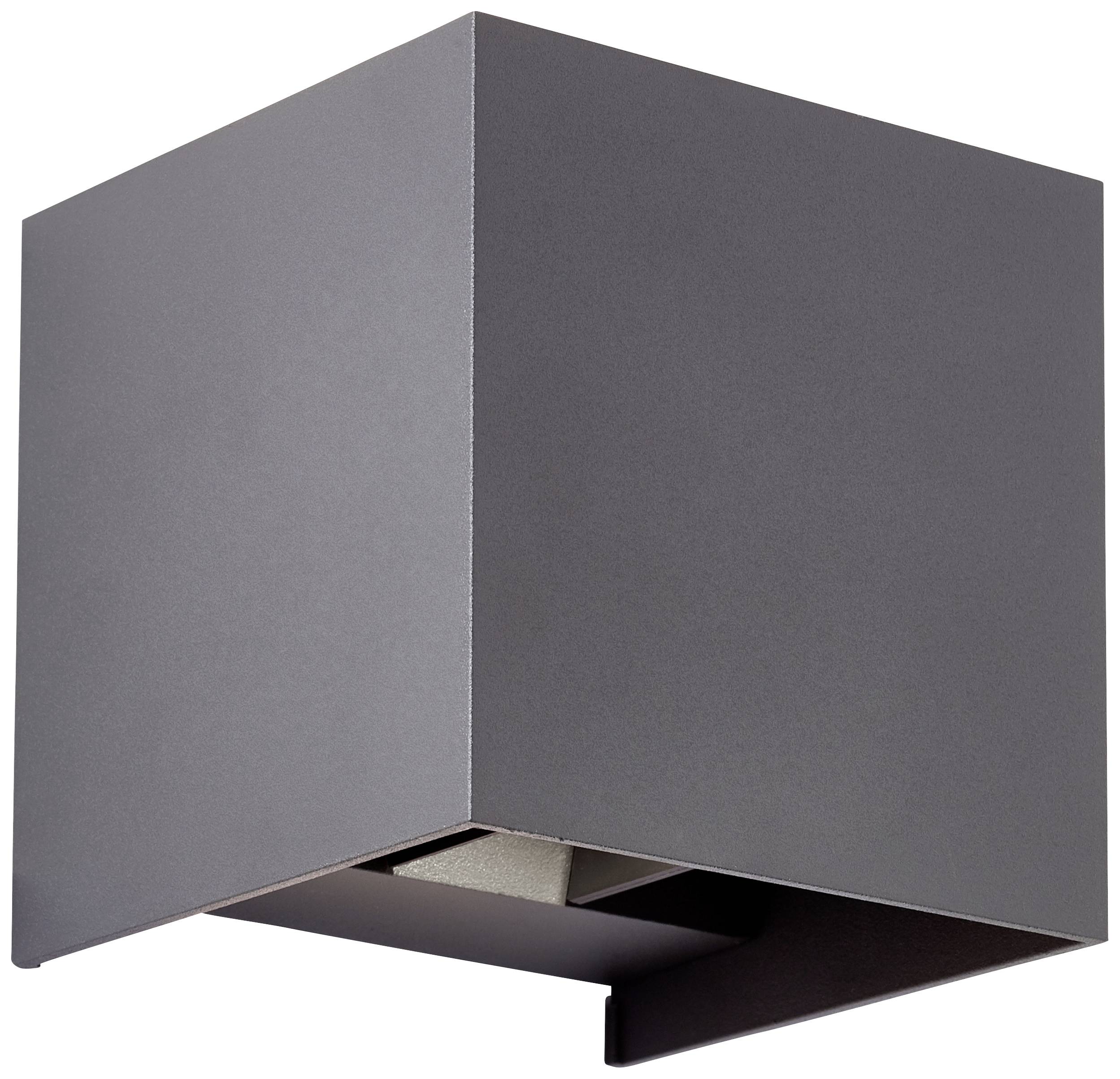 Schwarze, würfelförmige Außenwandleuchte mit Lichtaustritt nach oben und unten, geeignet für moderne Wohn- oder Gewerbebauten.
