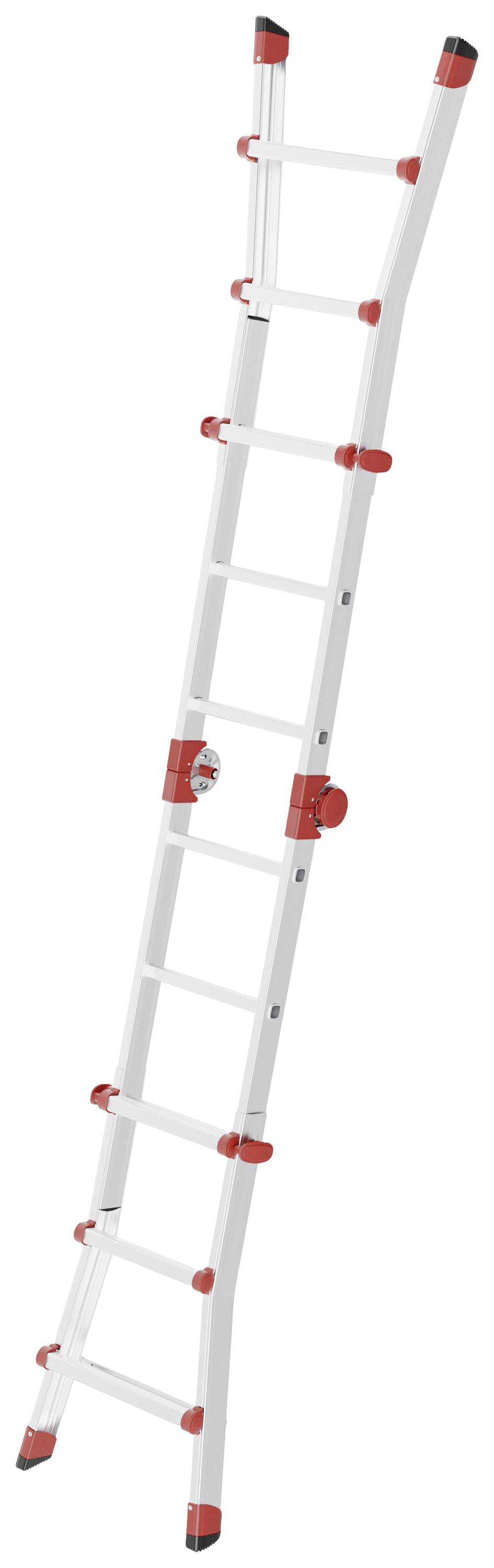 Eine mehrstufige, weiß-rote Leiter, die leicht bis zur Decke ausfahrbar ist.