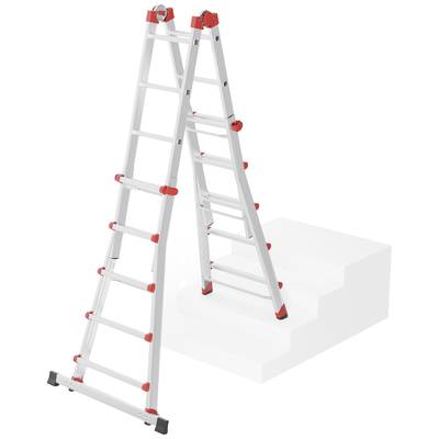 Teleskopleiter mit roten Sicherheitsverschlüssen, die auf Treppe eingesetzt wird. Ideal für Arbeiten in unterschiedlicher Höhe.
