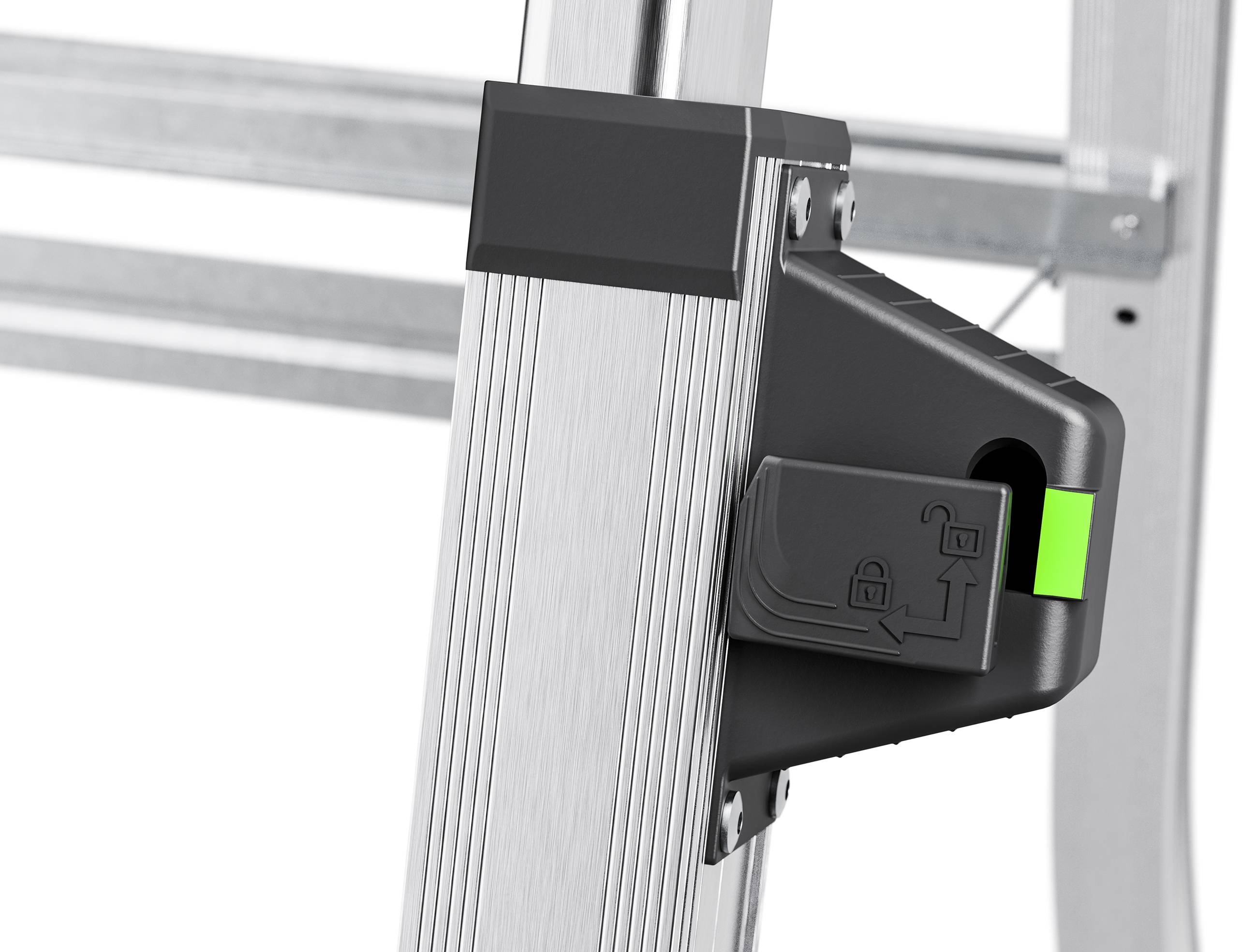 Nahaufnahme eines Leiterverschlussmechanismus mit grünem Indikator, der sichere Verriegelung anzeigt. Aluminiummaterial sichtbar.