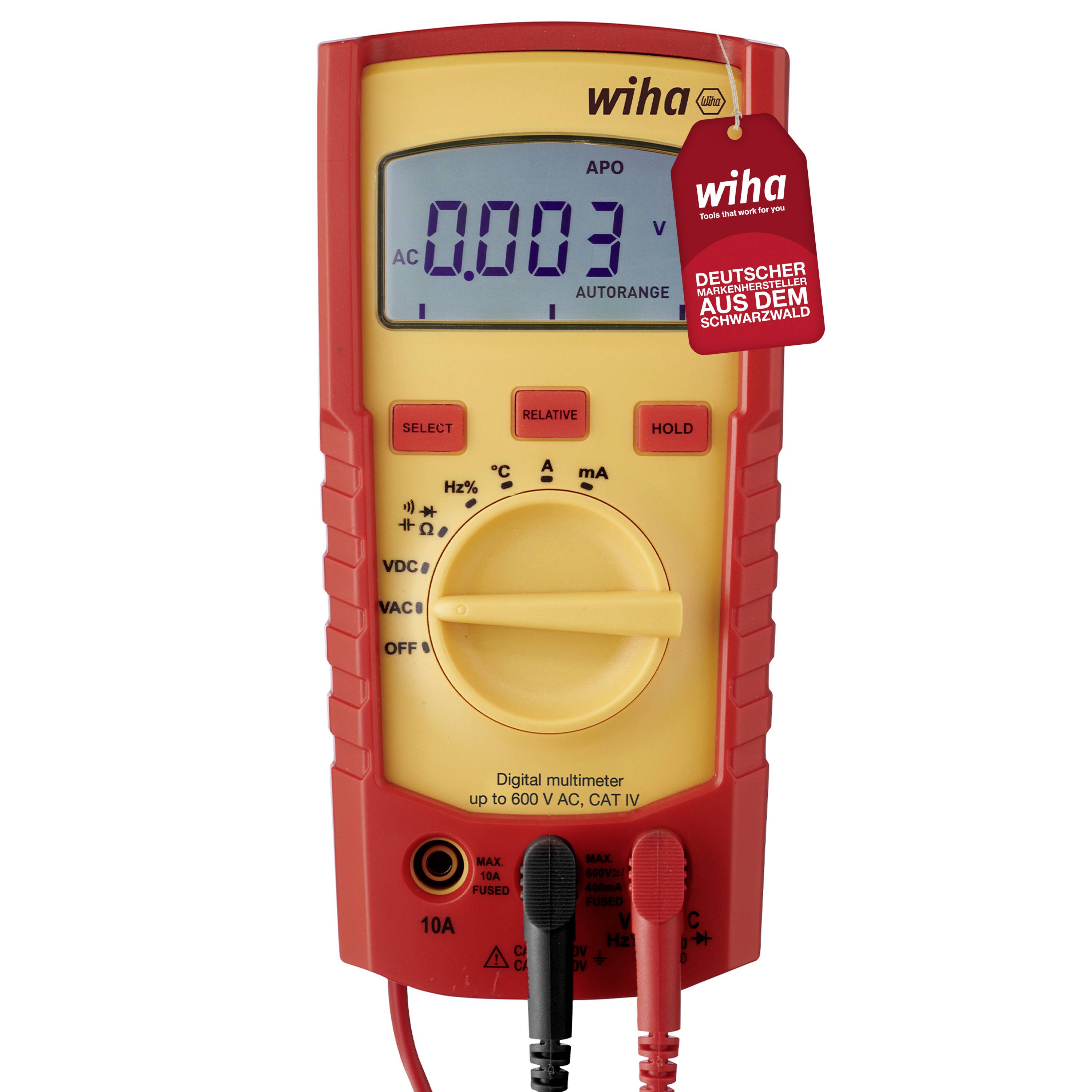 Digitalmultimeter von Wiha mit rotem Gehäuse, großem Display und mehreren Messfunktionen. Etikett darauf: 'Deutscher aus dem Schwarzwald'.