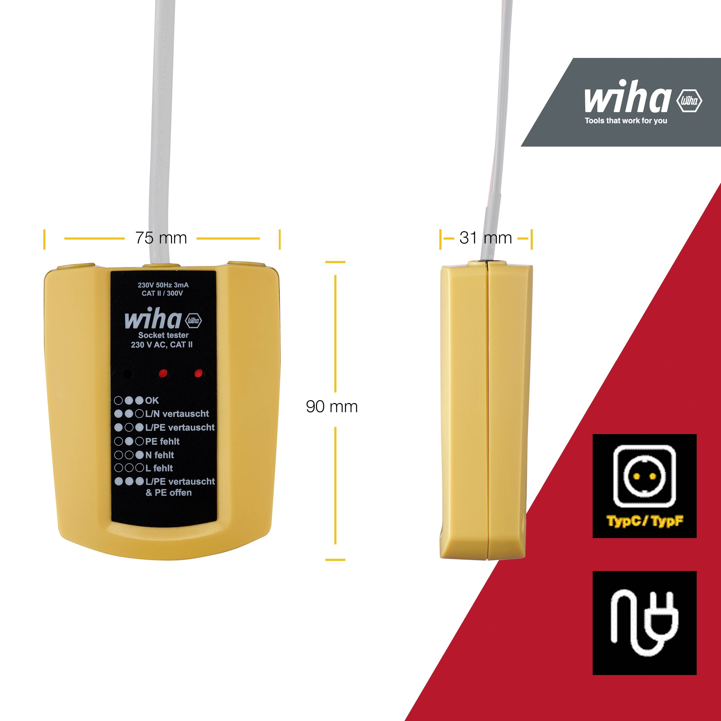'Wiha' Spannungsprüfer, gelb, 230 V, 50-60 Hz. Zeigt LED-Status: 'KEINE Spannung', '230V', 'Falsch gepolt'. Typ-C Anschluss. Größe: 75x31x90 mm.