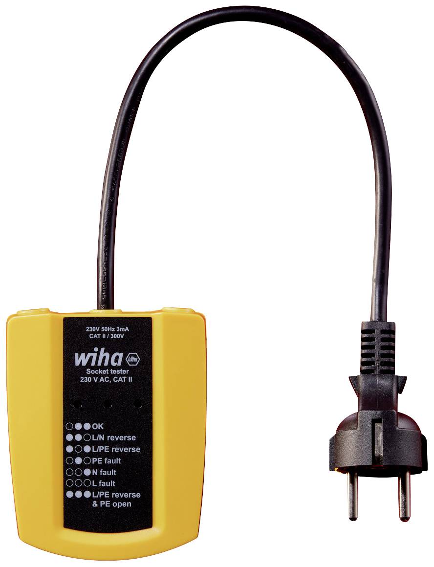 Ein gelbes Steckdosenprüfgerät mit schwarzem Netzkabel. Auf der Vorderseite sind Statusanzeigen für verschiedene Fehlerzustände.