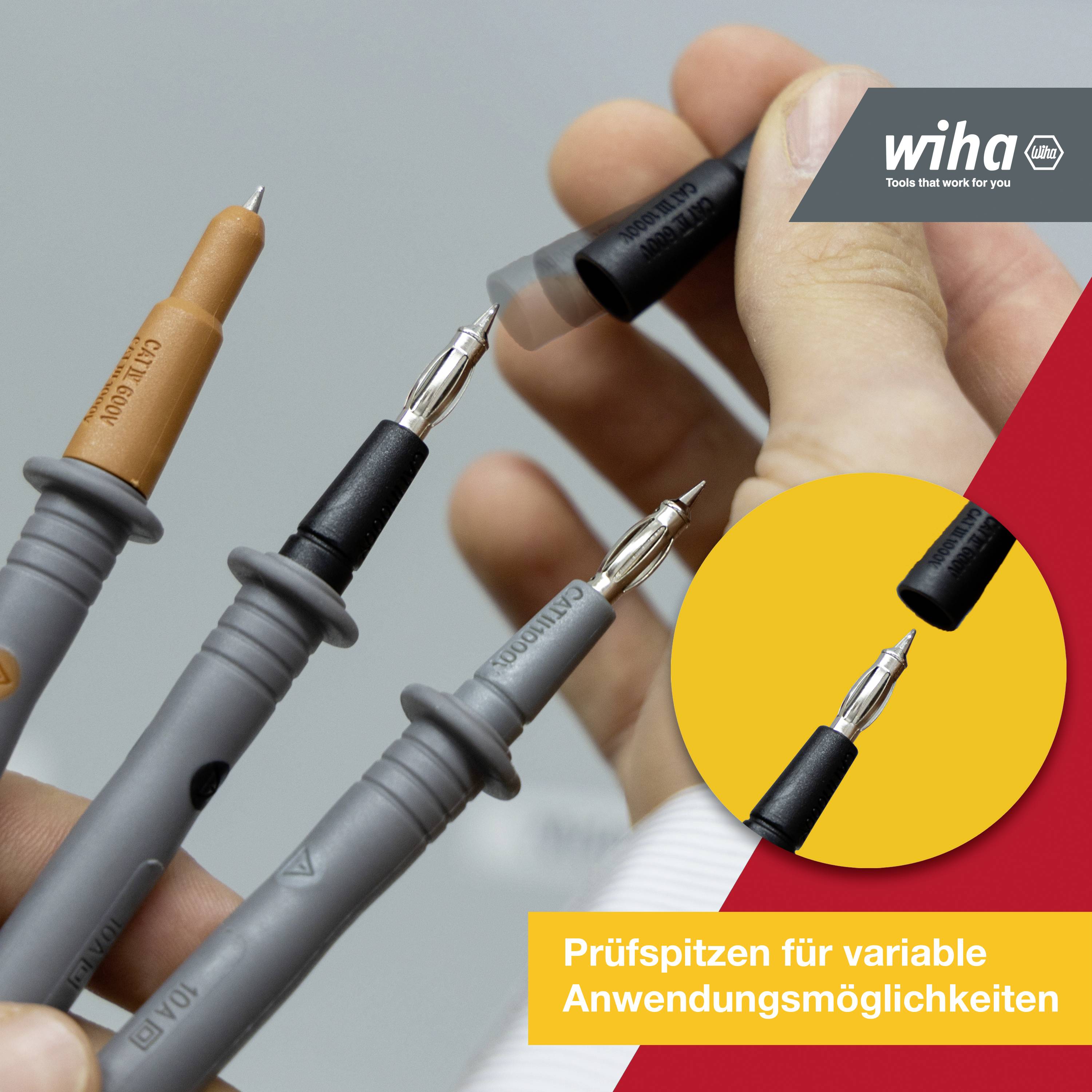 Prüfspitzen in der Hand, geeignet für variable Anwendungsmöglichkeiten, daneben das Wiha-Logo und der Text 'Prüfspitzen für variable Anwendungsmöglichkeiten'.