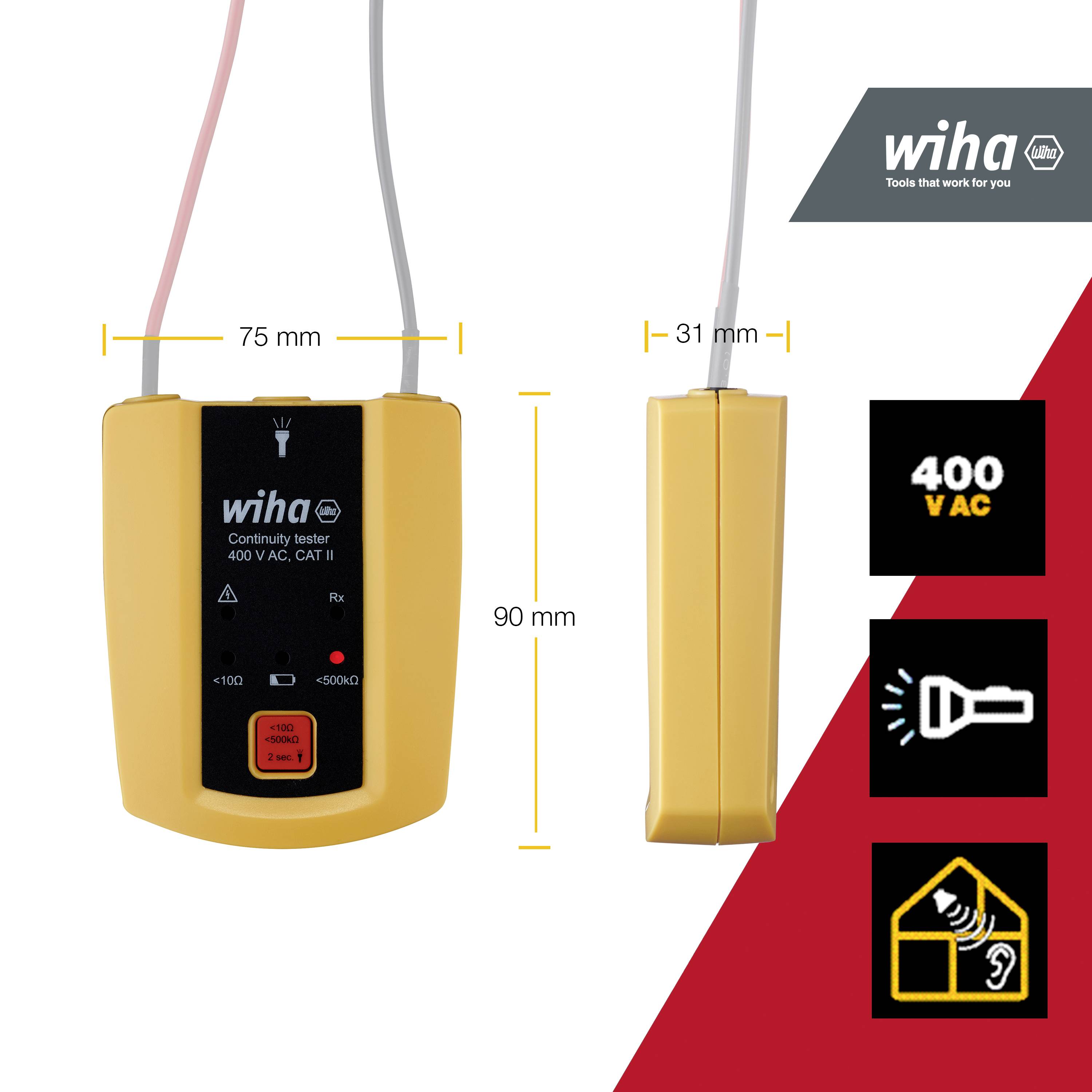 Digitales Testgerät in Gelb, 75 mm Breite, 90 mm Höhe, 31 mm Tiefe. Anzeige: '400 V AC'. Wiha-Logo oben rechts. Symbole für Spannungstests.