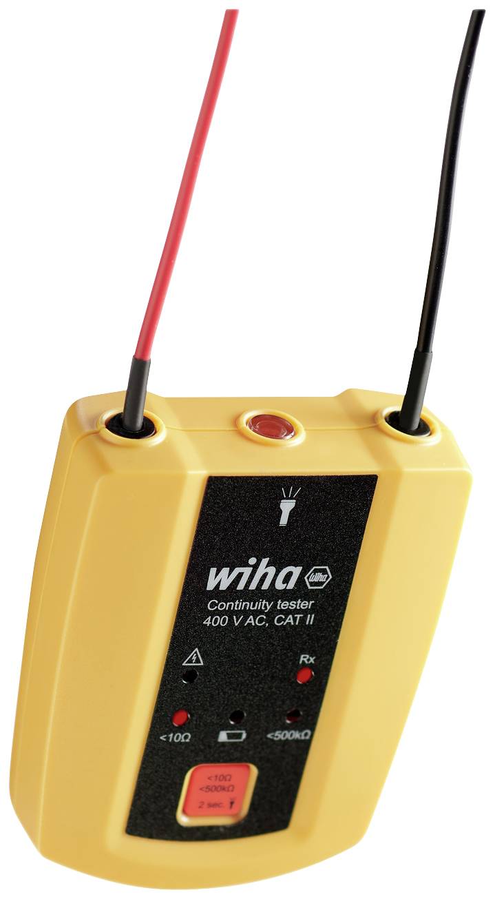 Gelber Spannungsprüfer mit schwarzen und roten Kabeln. Anzeige zeigt Betriebsstatus an. Geeignet für 400 V AC, CAT II.