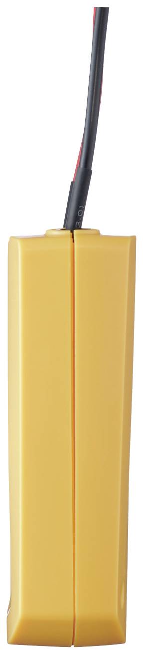 Ein gelber, rechteckiger Kasten mit schwarzem und rotem Draht oben.