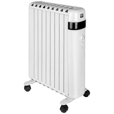 Weißer, mobiler Heizkörper mit Rollen und Bedienelementen an der Seite. Ideal zum Heizen von Räumen und einfacher zu transportieren.