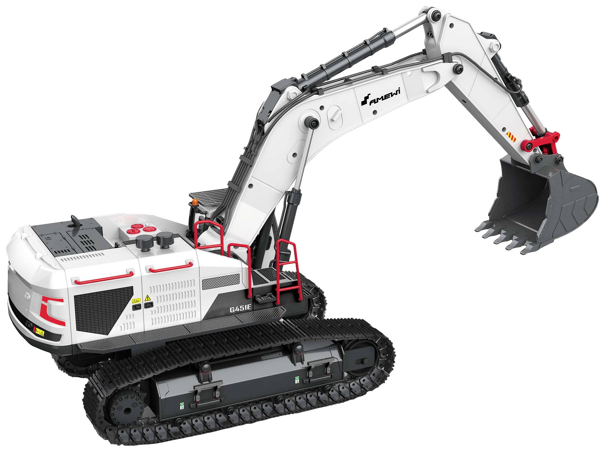 Ein weißer und grauer Kettenbagger mit rotem Zubehör zeigt seinen Schaufelarm in gehobener Position.