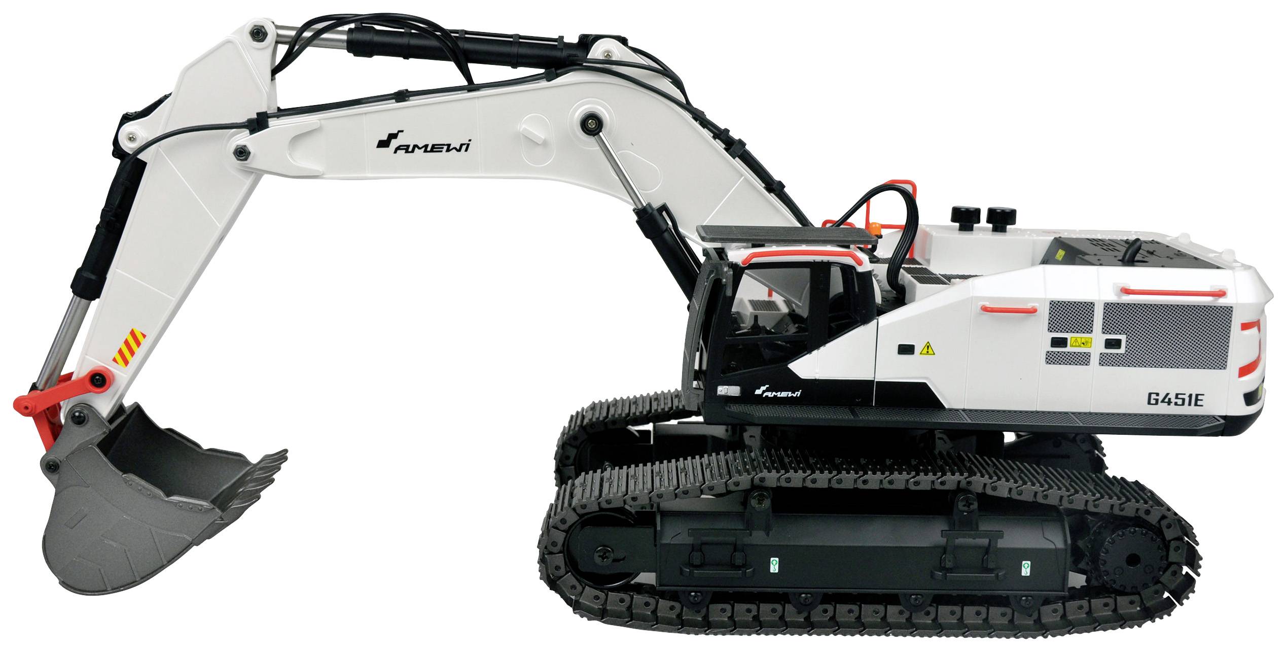 Ein weißer Kettenbagger mit grauem Ausleger und Schaufel. Der Bagger ist aufrecht positioniert und zeigt technologische Details.