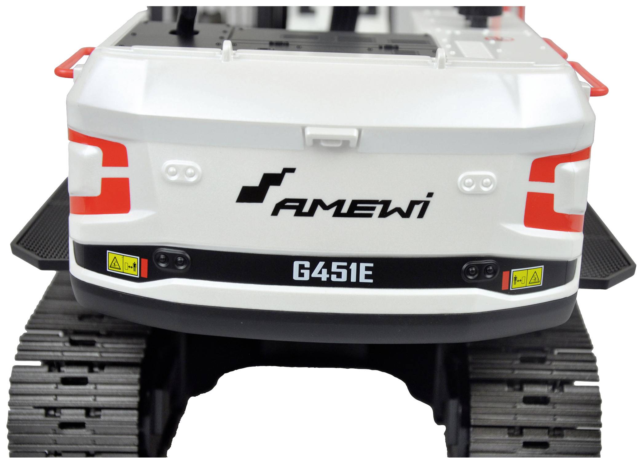 Spielzeug-Panzeransicht von hinten, zeigt Markenname 'AMEWI' und Modellnummer 'G451E' auf weißem Gehäuse mit schwarzen Ketten.