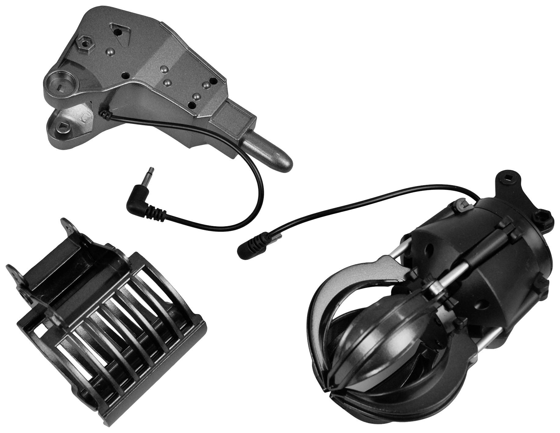 Ein mechanisches Roboterkralle-Set, bestehend aus einer Kralle, einem Greifermechanismus und einem Schwenkarm, alle elektrisch verbunden.