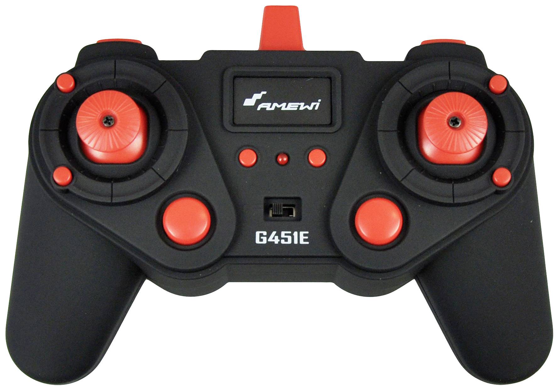 Ein schwarzer und roter Game-Controller mit zwei Joysticks und verschiedenen Tasten in der Mitte. Oben steht 'Amewi'.