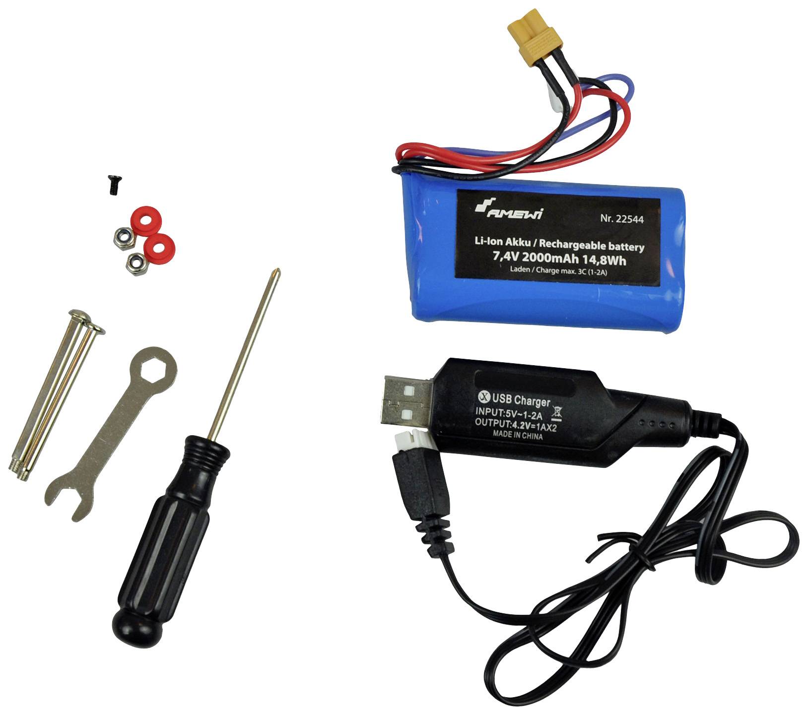 Ein Satz Werkzeug, ein blauer Li-Ion Akku und ein USB-Ladegerät. Das Set enthält Schrauben, Schraubendreher, Schlüssel, Unterlegscheiben.