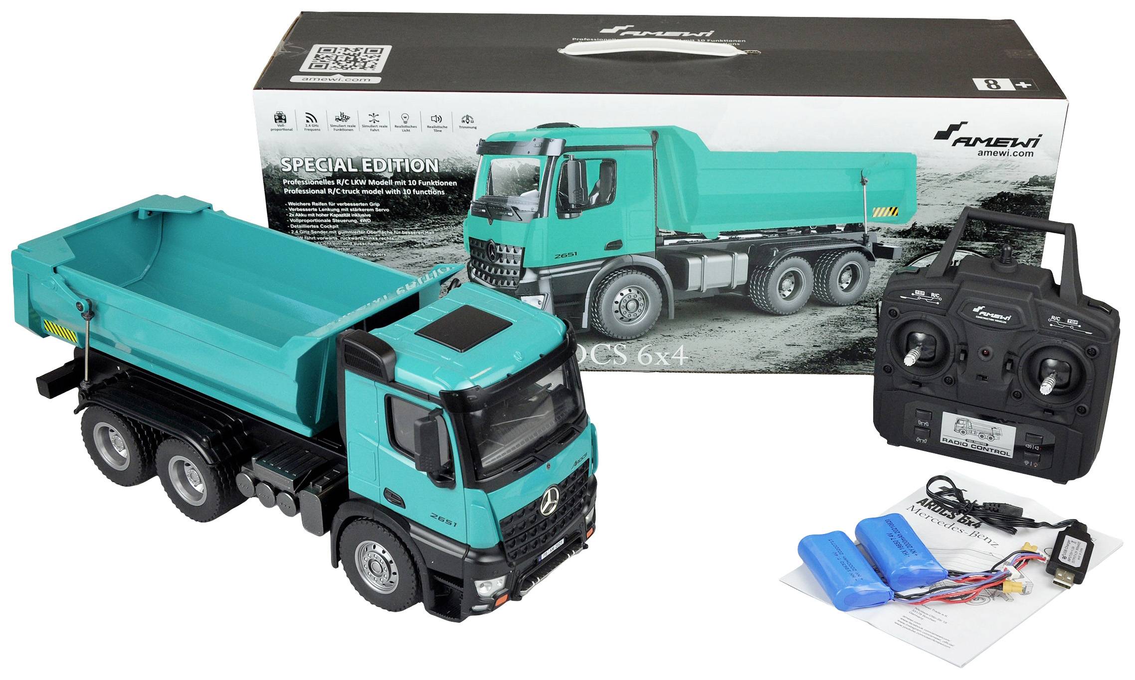 Ferngesteuertes türkisfarbenes Modell eines Lastwagens, inklusive Fernbedienung, Batterie und Verpackung der Marke Huina.