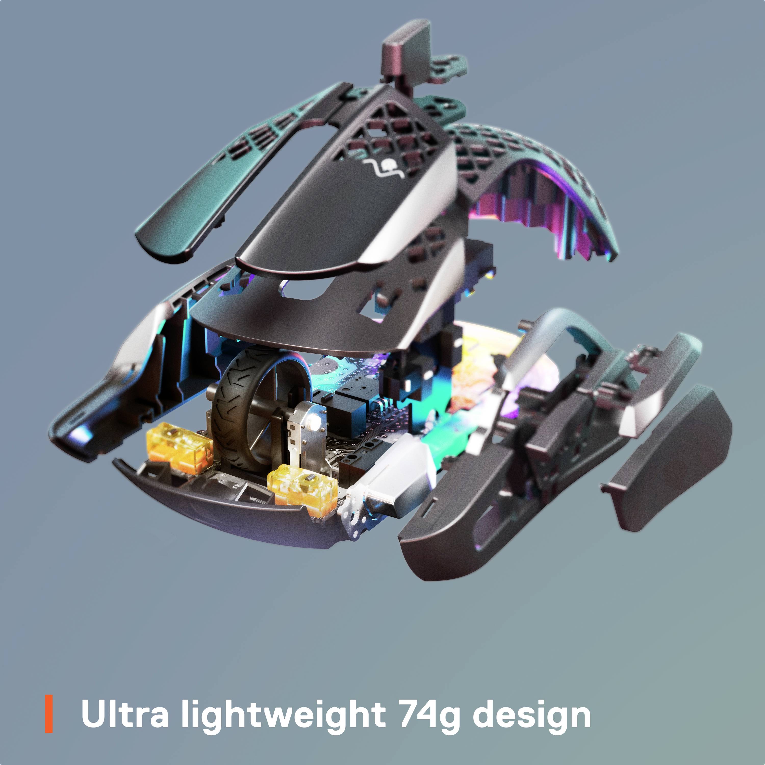 Die Abbildung zeigt ein zerlegtes, ultra-leichtes Elektronikgerät mit einem Gewicht von 74g, hervorgehoben durch bunte Innenteile.