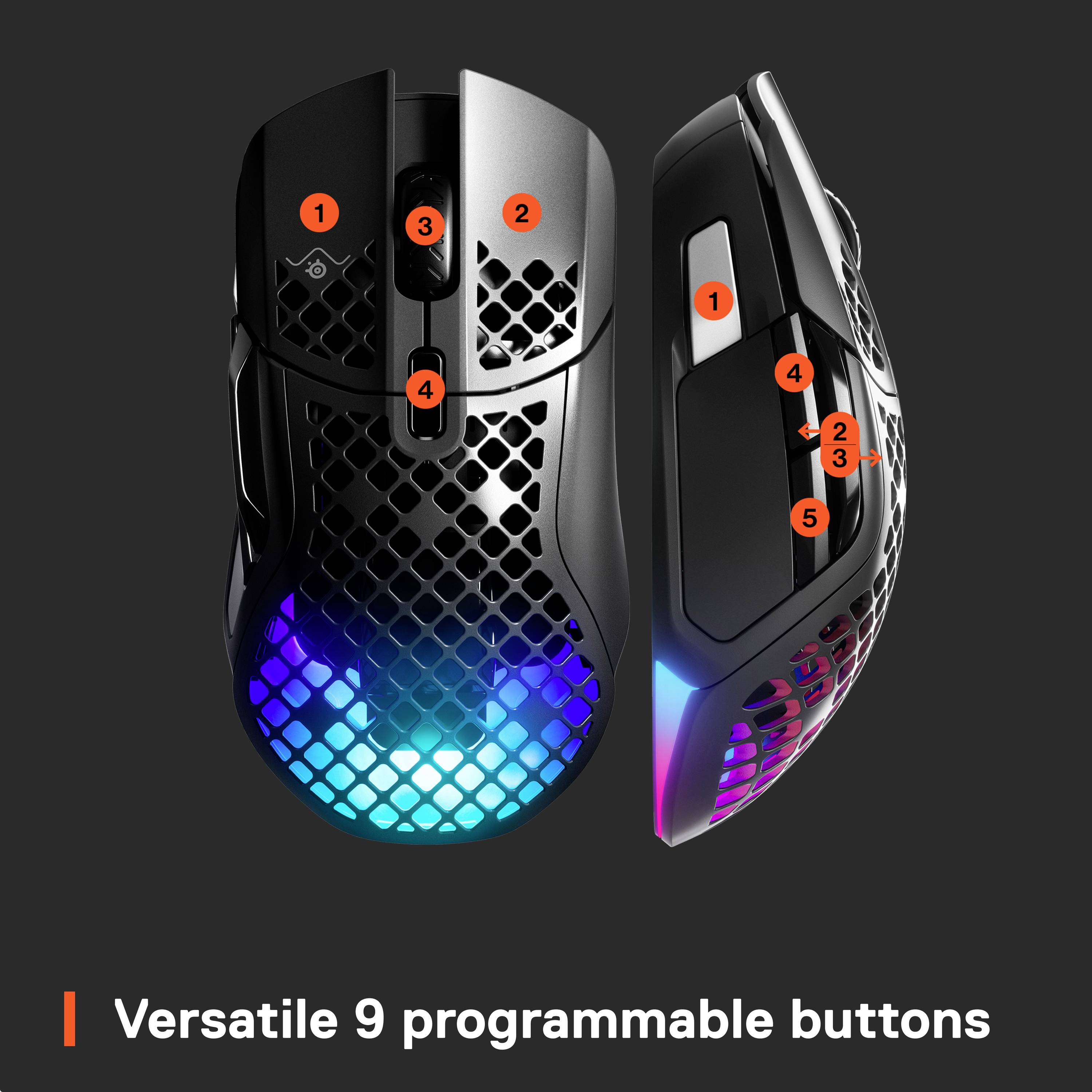 'Schwarze Gaming-Maus mit RGB-Beleuchtung, seitlicher Ansicht. Markiert: 9 programmierbare Tasten. Funktionelle Details hervorgehoben.'