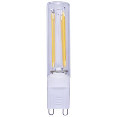Eine LED-Glühbirne mit G9-Sockel, transparentem Gehäuse und zwei sichtbaren Filamenten.