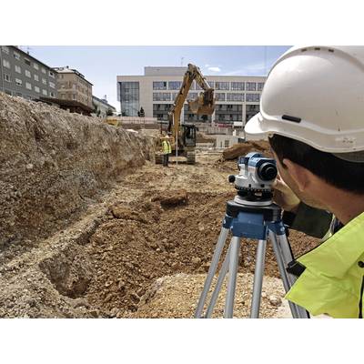 Ein Bauarbeiter vermisst eine Baustelle mit einem Vermessungsgerät, während im Hintergrund ein Bagger Erde bewegt.