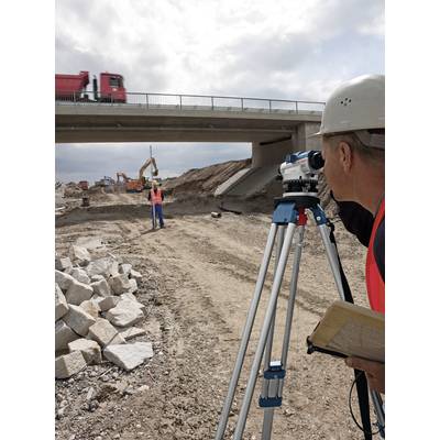 'Vermessungsingenieur mit Helm und Messgerät beobachtet Bauarbeiten unter einer Brücke, wo ein Fahrzeug vorbeifährt. Im Hintergrund Bagger und Arbeiter.'