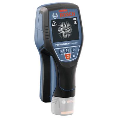Bild eines Bosch Professional D-tect 120 Ortungsgeräts, blau-schwarzes Design, Display zeigt Ortungskreuz, dient zur Erkennung von Objekten in Wänden.