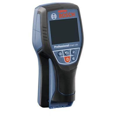 Bosch Professional D-tect 120 in blau-schwarz. Ein Handgerät zum Aufspüren von Metall, Holz und Leitungen, mit Bildschirm und Bedientasten.