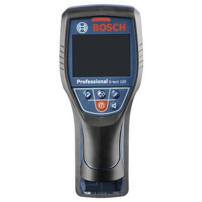 Ein handliches, blaues Bosch D-tect 120 Gerät zur Wand- und Materialprüfung, mit Display und Bedienelementen zur effizienten Ortung.