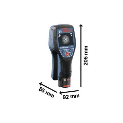 Ein tragbares Bosch-Messgerät mit digitalem Display zum Aufspüren von Materialien. Es misst Breite: 85 mm, Tiefe: 92 mm, Höhe: 206 mm.