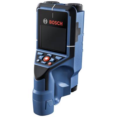 Ein blaues digitales Messgerät mit Bildschirm und Tasten, markiert mit 'Bosch', zur Messung und Analyse in Bau- und Handwerksarbeiten.