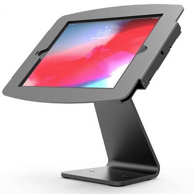 Ein Tablet in einer schwarzen Halterung, auf einer festen Basis montiert, zeigt einen bunten Bildschirm.