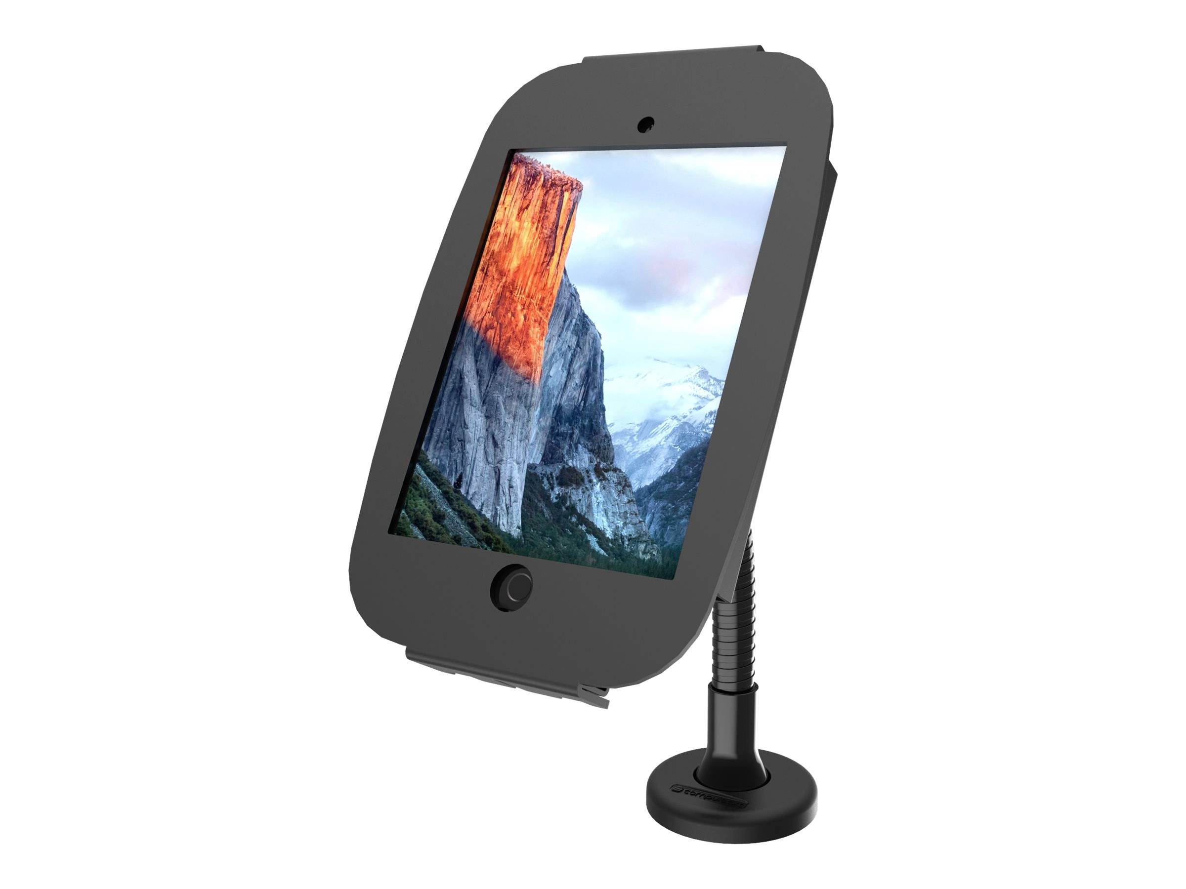 Ein Tablet in einer schwarzen Halterung, ausgerichtet im Hochformat. Auf dem Display ist ein Landschaftsbild mit Bergen und Himmel sichtbar.