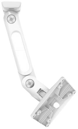 Ein weißer, verstellbarer Armhalter mit Gelenken zur Befestigung an einer Oberfläche, zur Unterstützung von Geräten oder Monitoren.