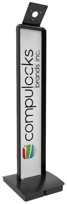 Schwarzer Tablet-Ständer mit weißem Vorderteil, trägt das Logo von 'compulocks brands inc.' und ein farbiges Symbol unten.
