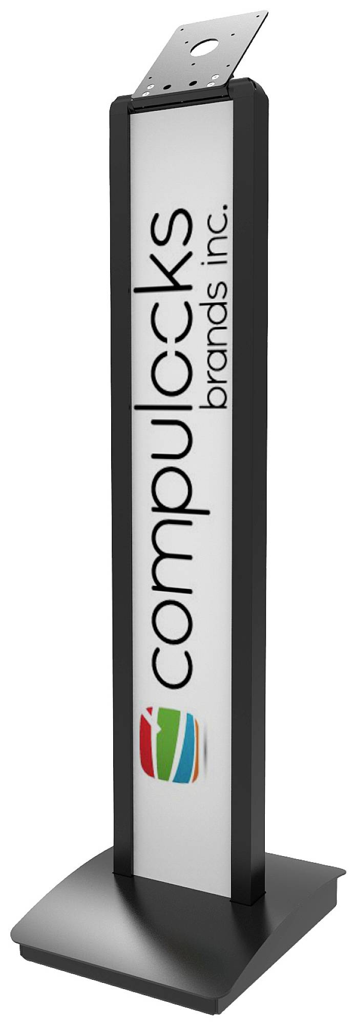 Ein schwarzer Ständer mit der Aufschrift 'Compulocks brands inc.' und einem bunten Logo, vermutlich zur Präsentation oder Sicherung von Geräten.