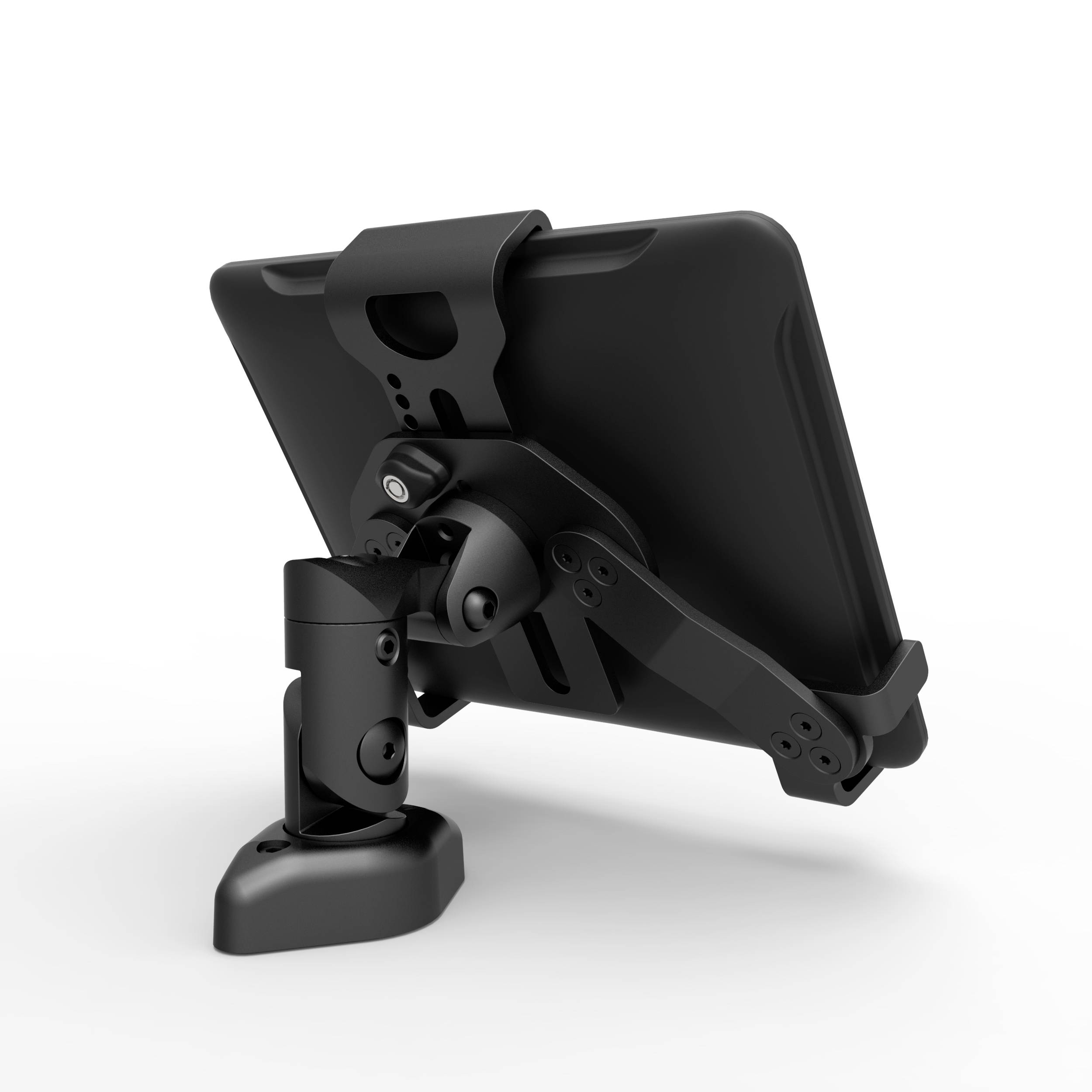Ein schwarzer Tablet-Halter mit einstellbarem Schwenkarm, der auf einer flachen Basis montiert ist. Ideal für flexibles Arbeiten.