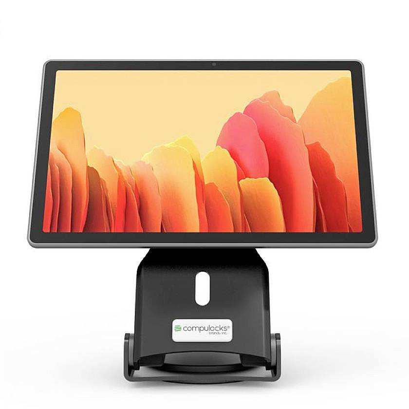 Ein Tablet mit leuchtendem orangenem und gelbem Hintergrund befindet sich in einer schwarzen Halterung.