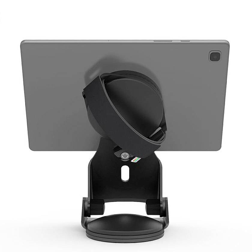 Der Ständer hält ein Tablet sicher in horizontaler Position. Ein breites Band dient zur zusätzlichen Stabilisierung des Geräts.