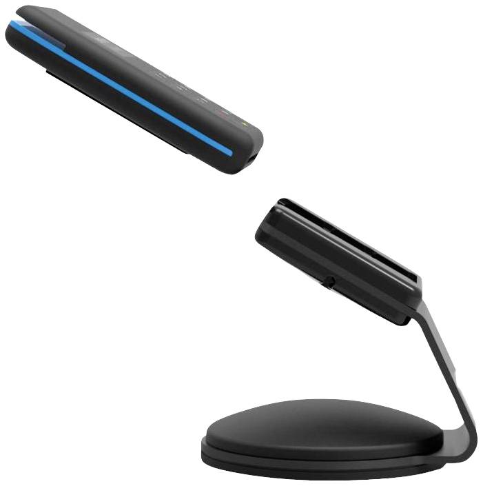 Drahtloser Handscanner und Ladestation. Der Scanner hat einen blauen Streifen und liegt über der angewinkelten, runden Basis.