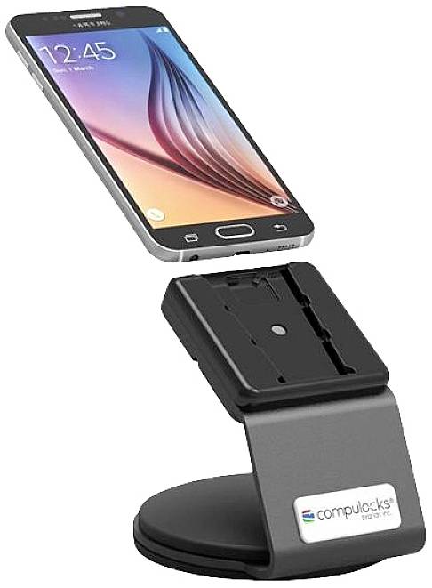 Ein Smartphone auf einem Display-Ständer der Firma Compulocks. Das Display zeigt die Uhrzeit 12:45 an.
