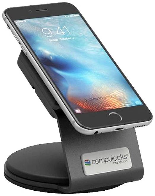 Smartphone in einer schwarzen Halterung. Das Display zeigt Datum und Uhrzeit an. Unten ist ein 'Compulocks' Logo sichtbar.