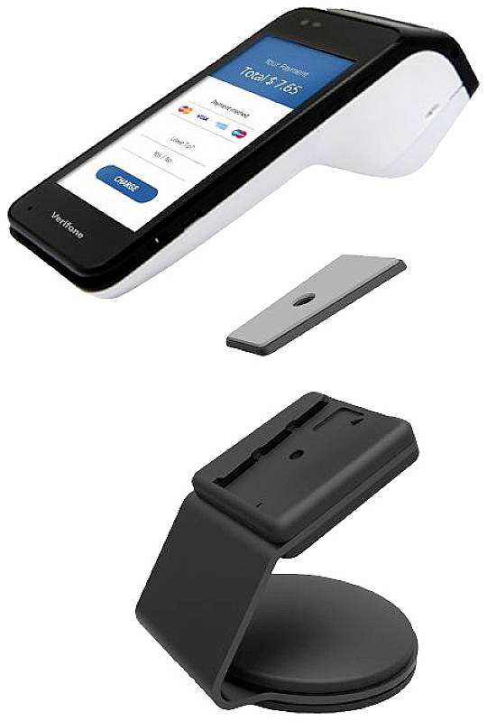 Ein mobiles Zahlungsterminal mit Display zeigt einen Betrag von $1,25. Daneben eine Halterung und ein Standfuß zur Befestigung.