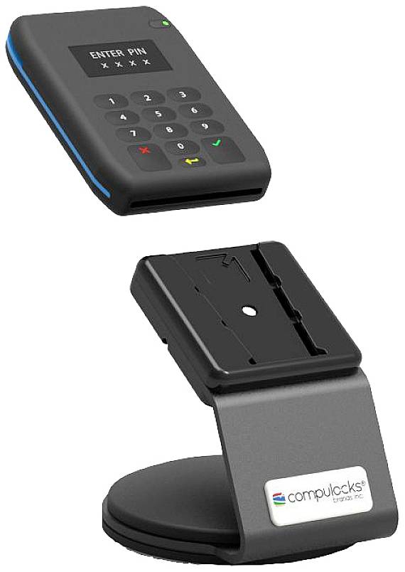 Ein mobiles Kartenlesegerät mit PIN-Eingabeaufforderung schwebt über einer stabilen Halterung, geeignet für sichere Zahlungsvorgänge.