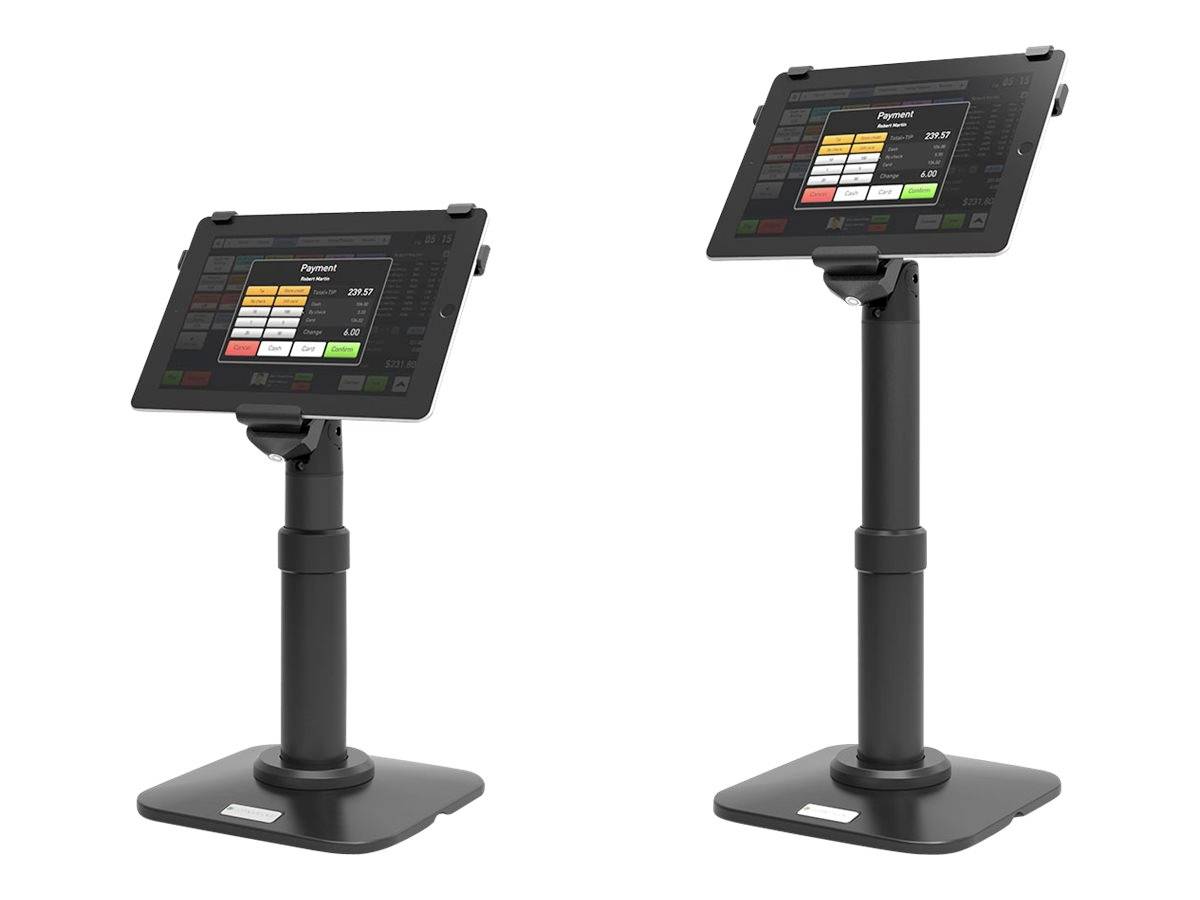 Zwei schwarze Kassenterminals auf Ständern, mit Touchscreens, die ein Verkaufsdisplay zeigen.