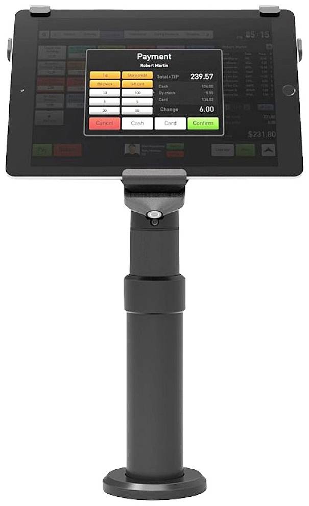 Ein Tablet im Hochformat zeigt eine Zahlungsbestätigungsseite mit Betrag, Trinkgeld, Gesamtsumme und Wechselgeldoptionen.